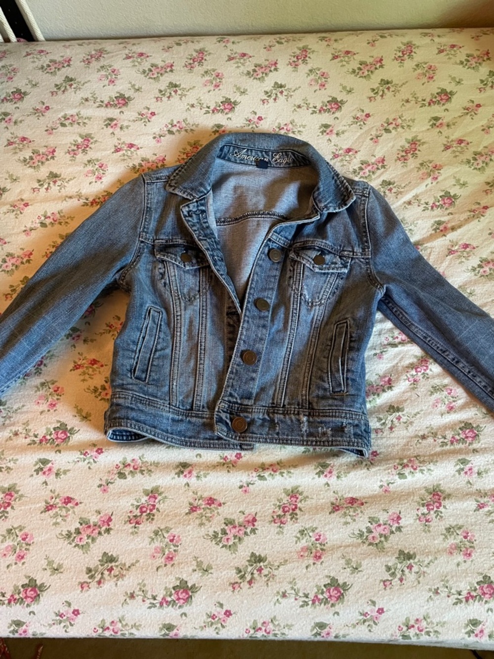 American Eagle Outfitters Light Blue Denim Jacket with Embroidered Logo